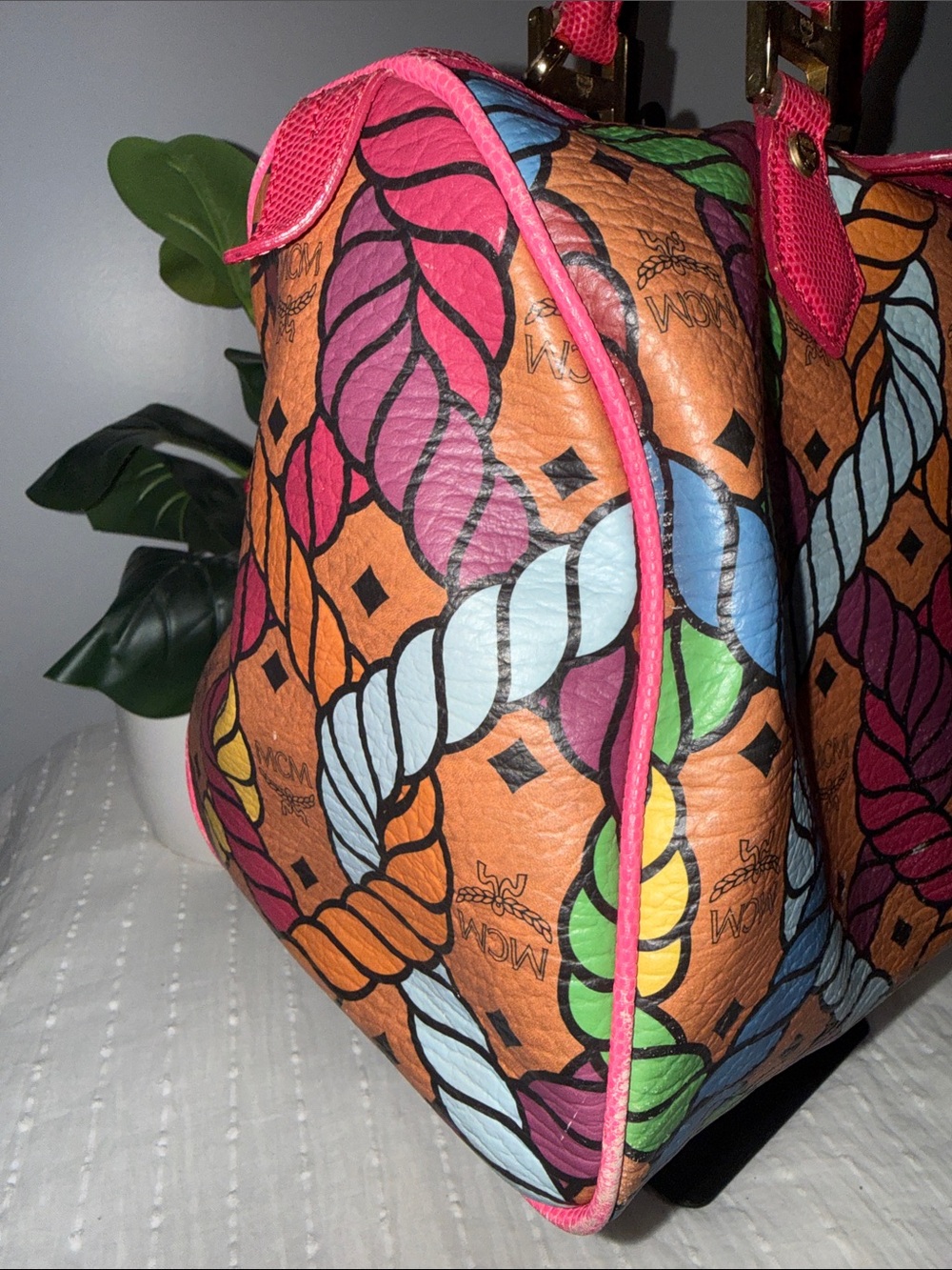 Preloved. Limited edition MCM Multicolor Rope-Print Leather Satchel - Pink Trim - Picture 6 of 16